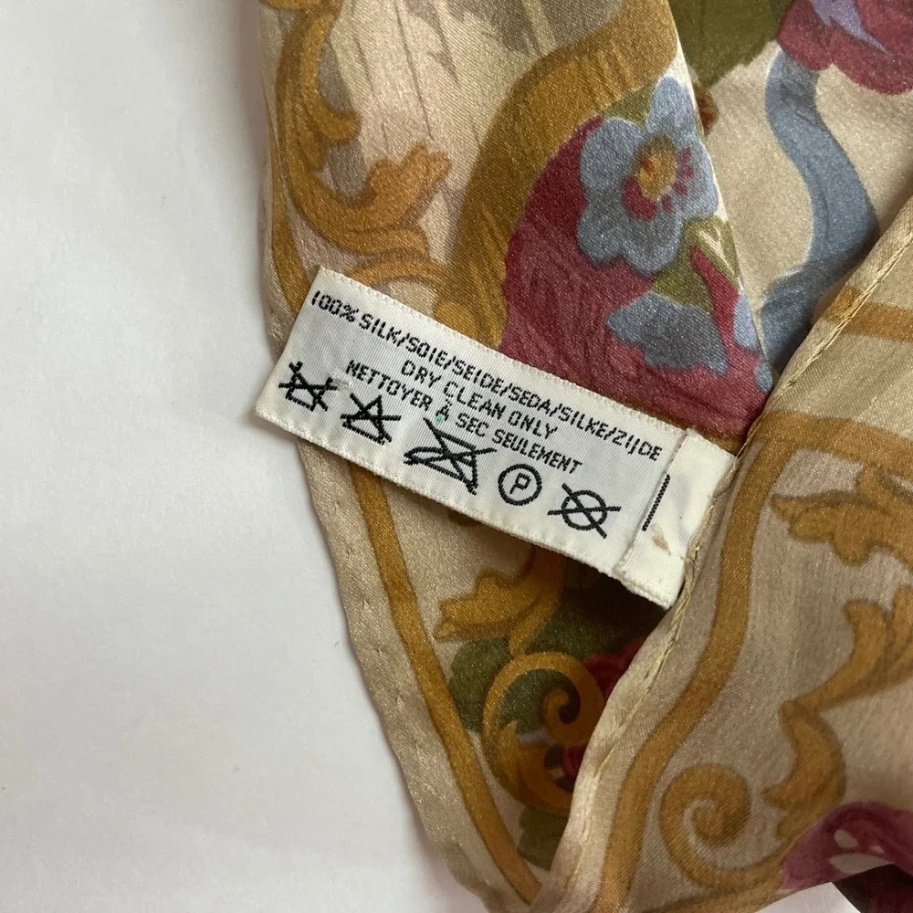 Vintage Liz Claiborne Floral Silk Scarf Women Tan Rose Ribbon Victorian Cottage